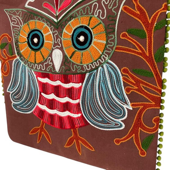 Pier 1 Imports Embroidered Fabric Owl Wall Art Pom Pom‎ Trim Retro 70s Inspired - Picture 7 of 8